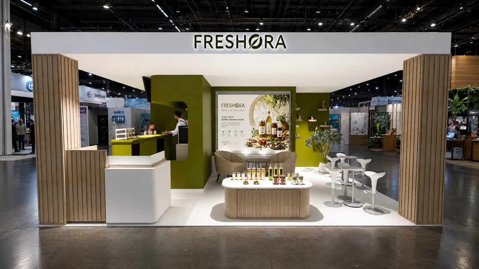 Freshora fuar standı — hero render